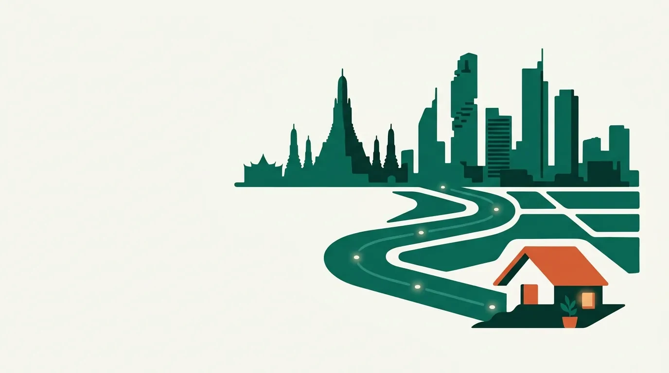 Illustration of a path leading from the Bangkok skyline to a small house, symbolizing arrival and settling in