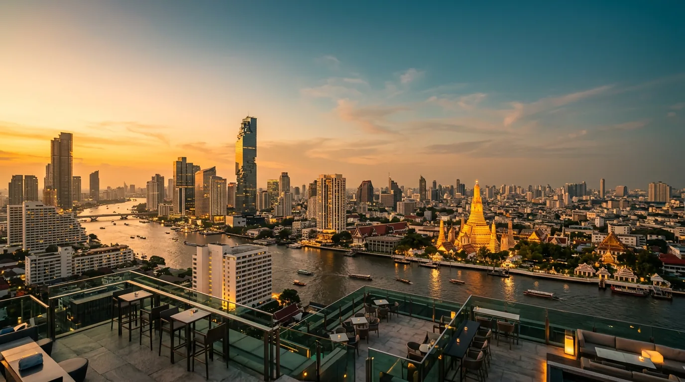 Bangkok skyline at sunset, view over the Chao Phraya River toward Wat Arun temple from a rooftop bar