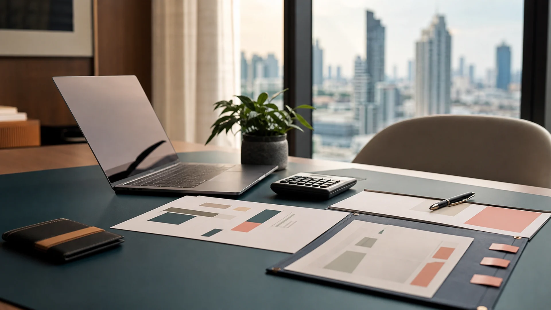 Laptop on a desk showing a simple dashboard, notebook and coffee, Bangkok skyline visible through the window at golden hour