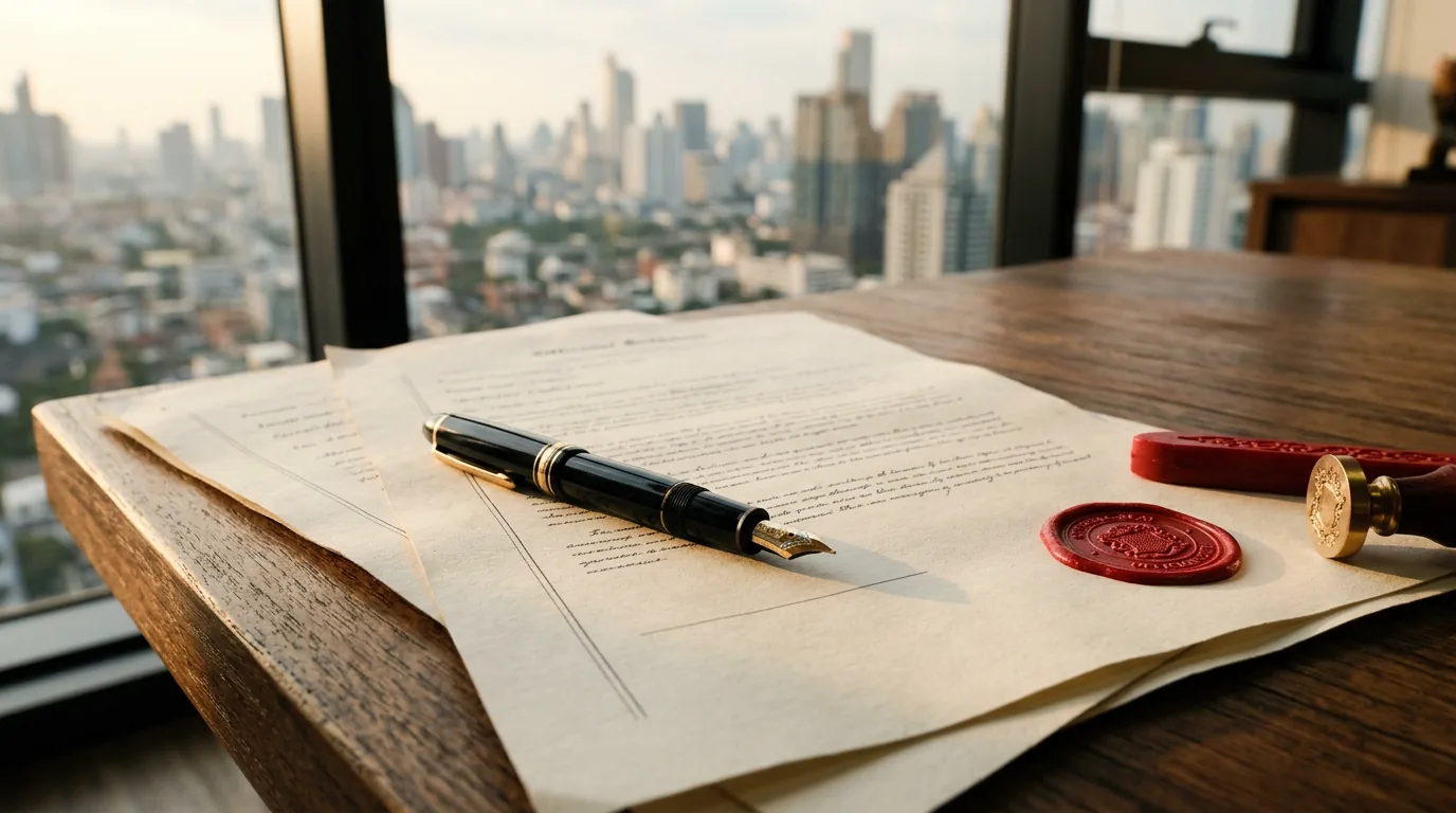 Official documents, a fountain pen, and a wax seal on a wooden desk, Bangkok skyline visible through the window