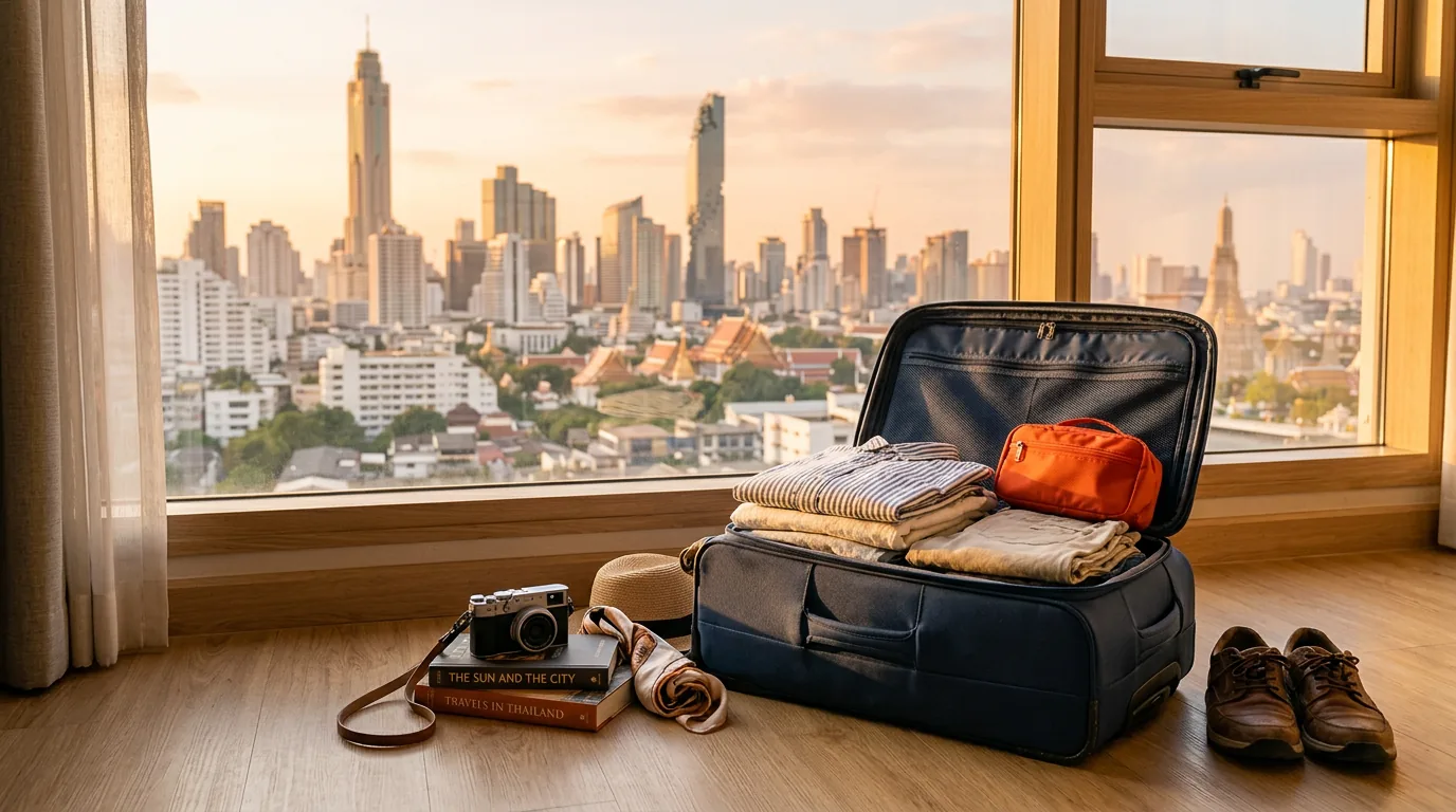 A partially packed suitcase near a window with the Bangkok skyline visible at golden hour