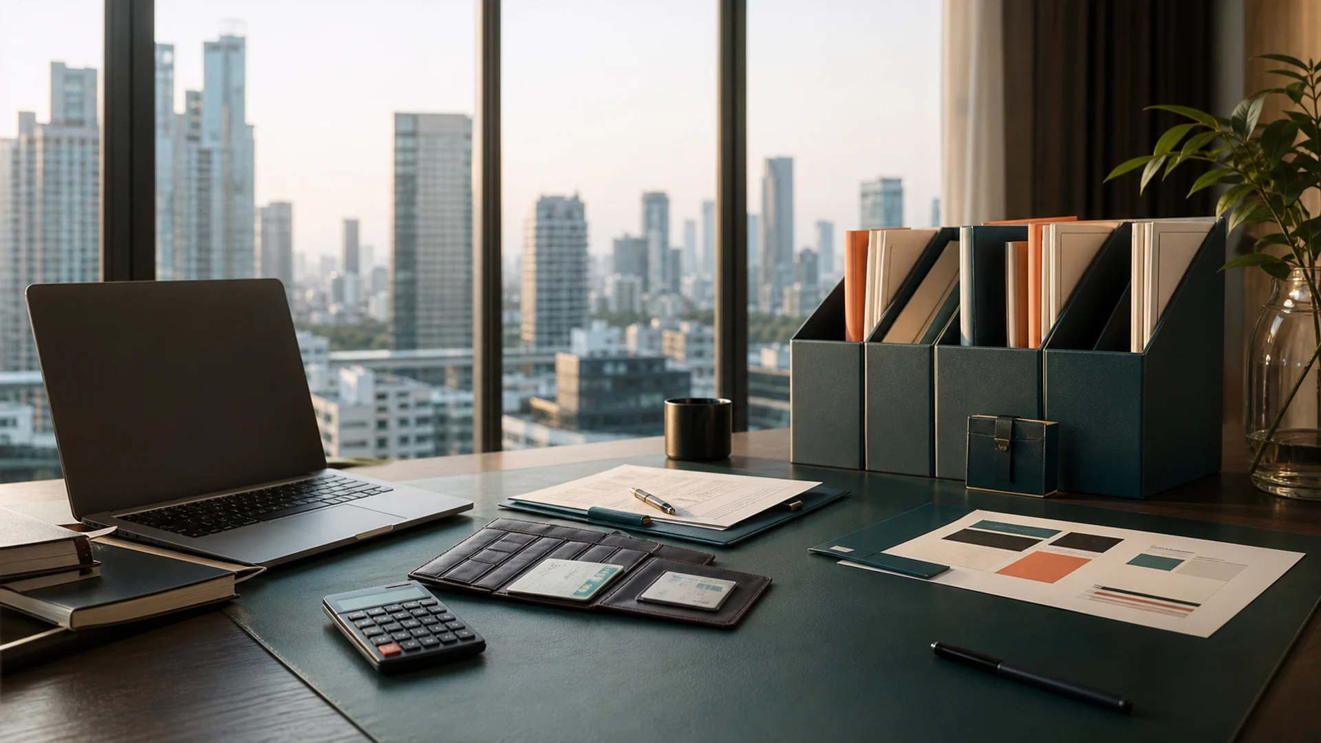 Modern coworking office in Bangkok with golden-hour light and the city skyline visible through the window